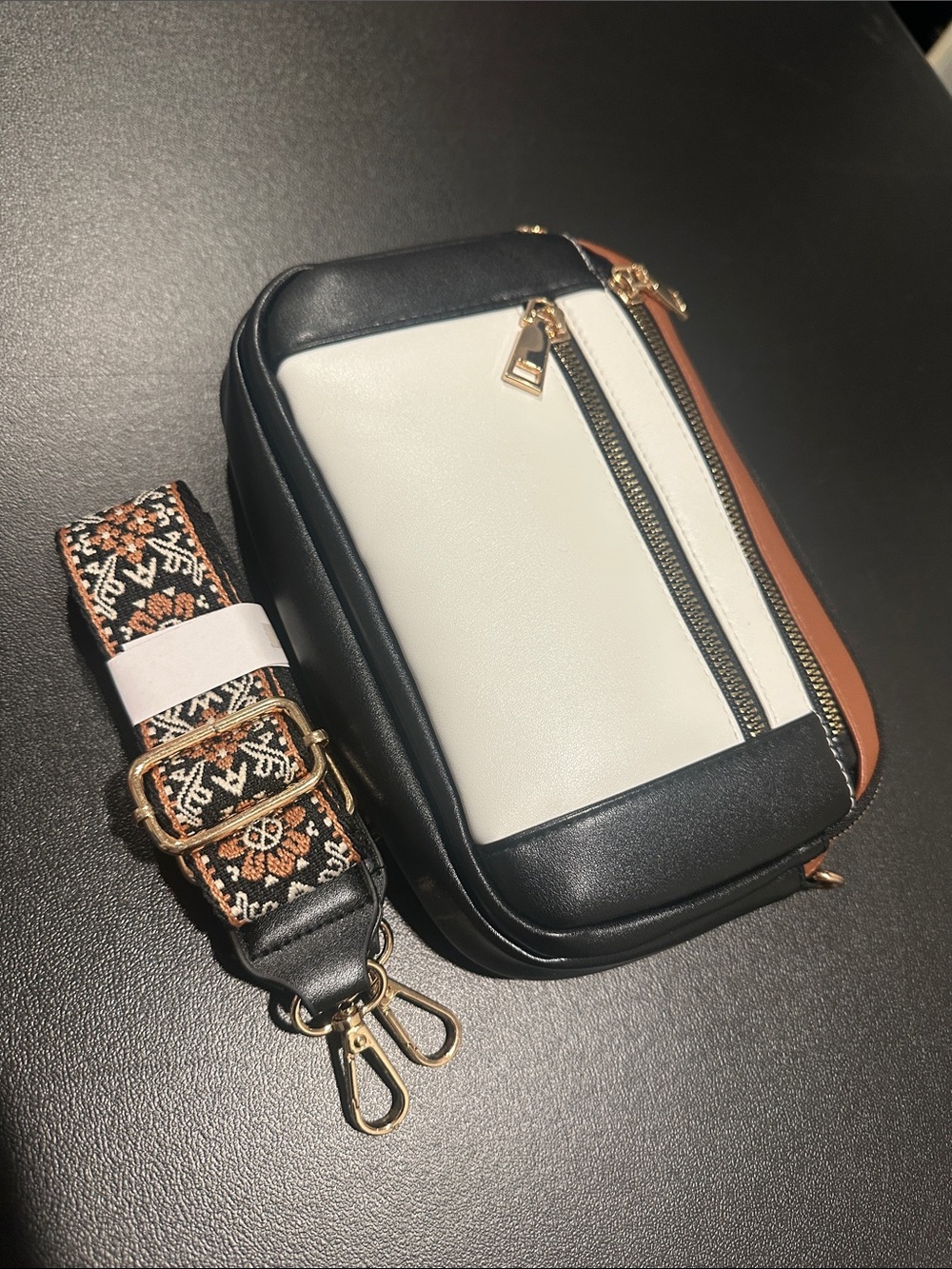 Colorblock Crossbody Bag with Decorative Strap - Black, White & Brown